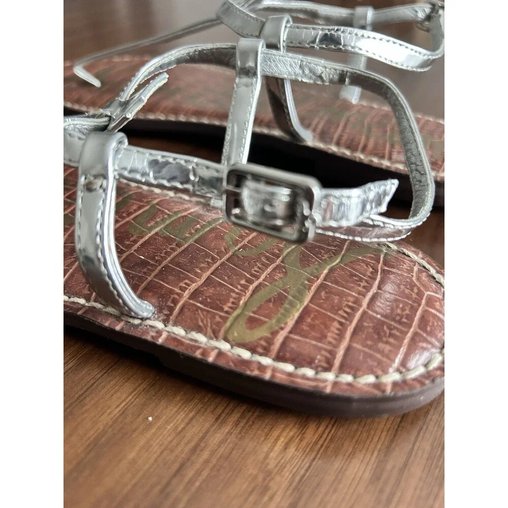 Sam Edelman Women’s Silver Leather Thong Flat Ankle Strap Buckle Sandals US 7